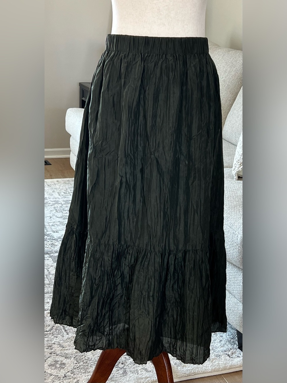 Eileen Fisher Silk Habutai Skirt Tiered Elastic Waist Seawood Dark Green Small